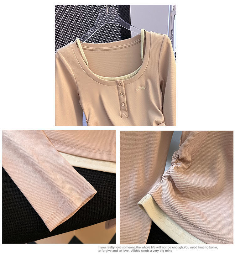 2024 Women's Pink Fake Two Piece Autumn Long Sleeve Top